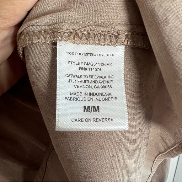 Pleione Taupe Front Twist Satin Blouse Long Sleeve Swiss Dot, Size Medium - Picture 6 of 11